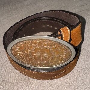 Genuine Tan Leather Western Belt Suede Iridescent Buckle Unbranded Size 36/30